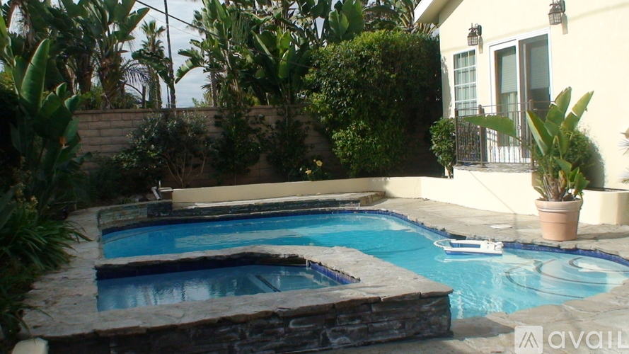 A small pool surrounded by a stone wall and plants.