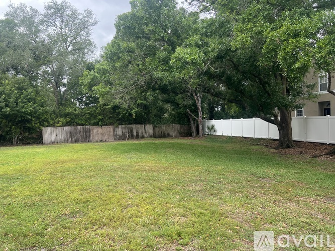 A backyard with a fence and trees.