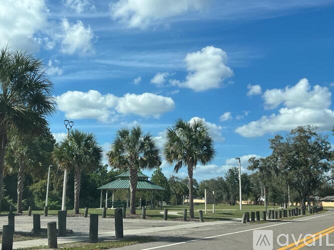 A sunny day at the park with palm trees and a gazebo.
