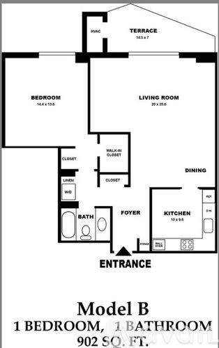 A black and white image of a floor plan for a 902 square foot home with one bedroom and one bathroom.