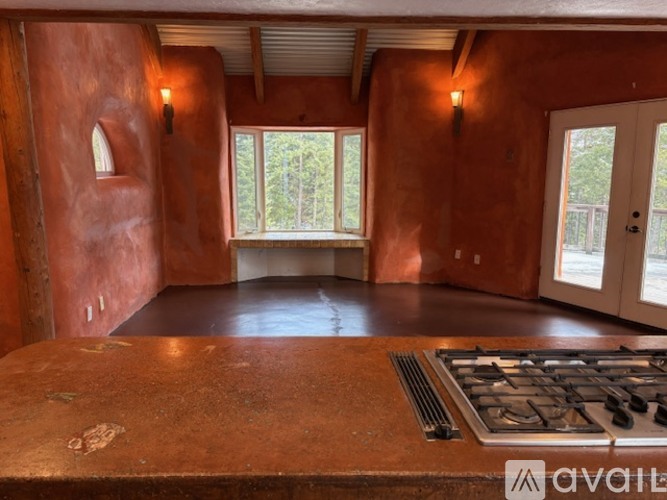 A room with a gas stove and a window overlooking trees.