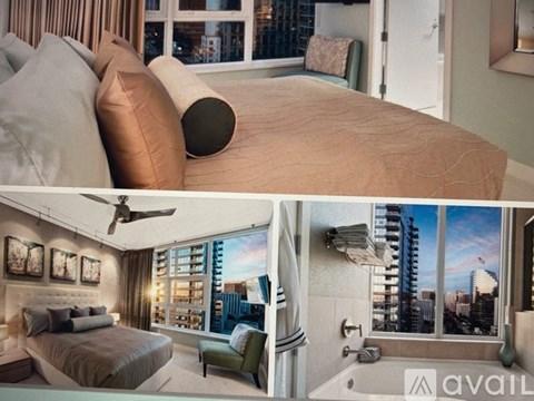A bedroom with a large bed and a city view window.