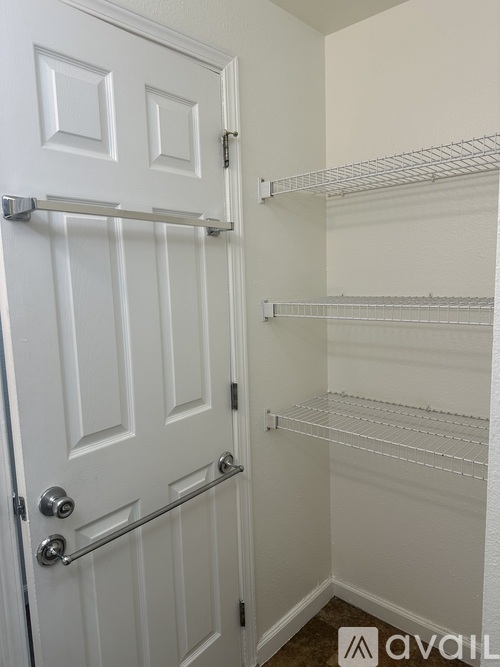 A white door with a handle and a set of shelves.