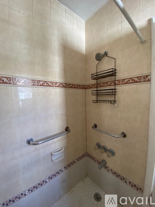 A bathroom with a shower and a towel bar.