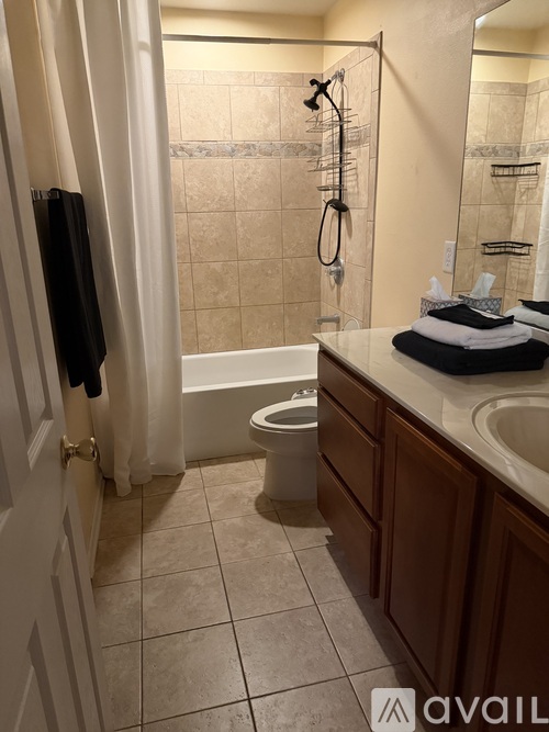 A bathroom with a toilet, sink, and shower.