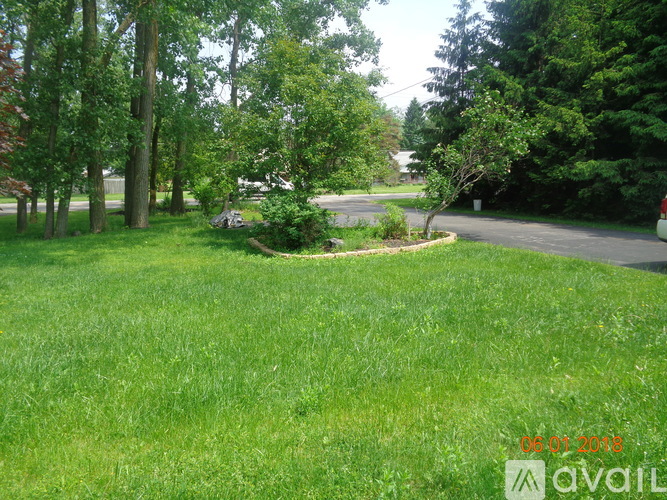 A green lawn with trees and a house in the background.