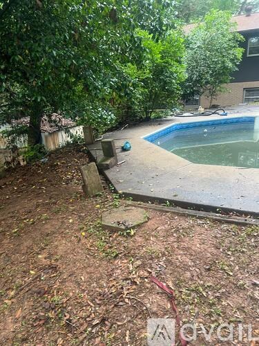 A backyard with a pool and a tree.