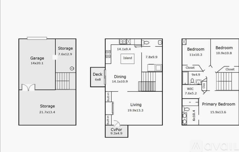 A floor plan of a house with a garage, a living room, a dining room, two bedrooms, and storage space.