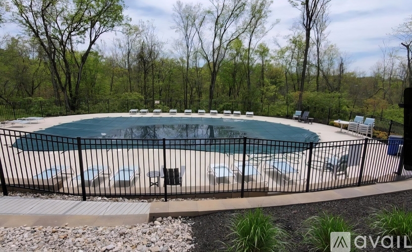 A pool surrounded by a black fence with trees in the background.