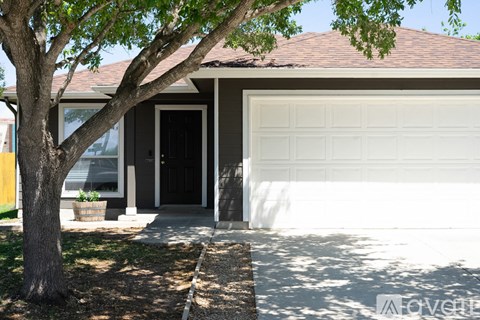 A house with a white garage door and a tree in front.
