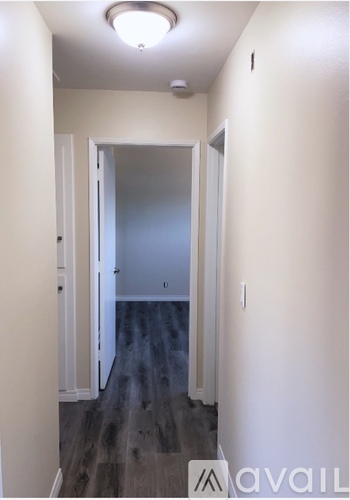 A hallway with a door at the end and a light on the ceiling.