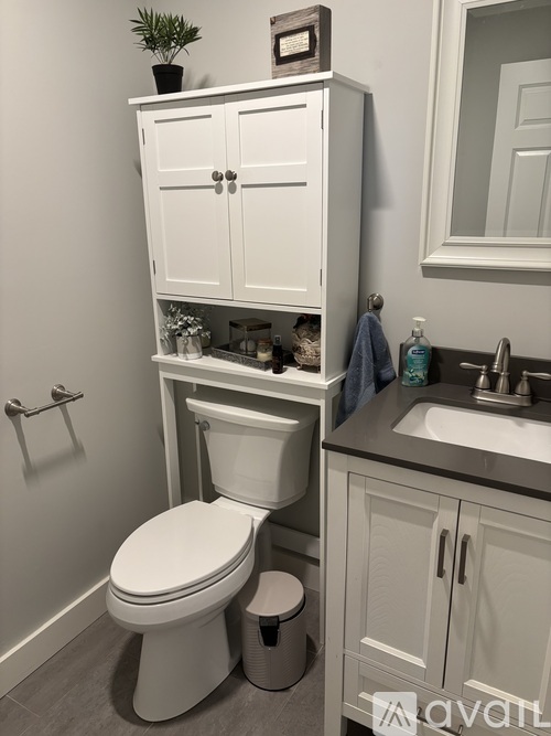 A white toilet is in a small bathroom with a cabinet above it.