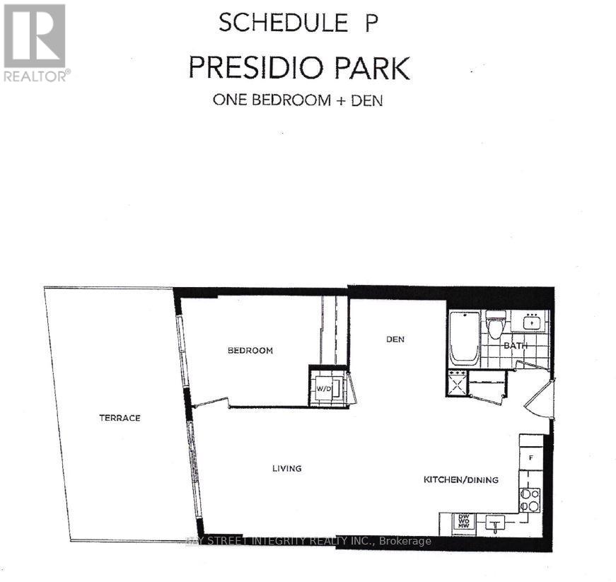 A floor plan for a one bedroom apartment with den.