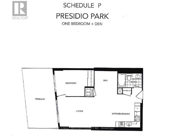 A floor plan for a one bedroom apartment with den.