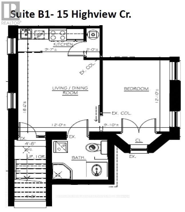 A black and white image of a floor plan for Suite B1-15 Highview Cr.