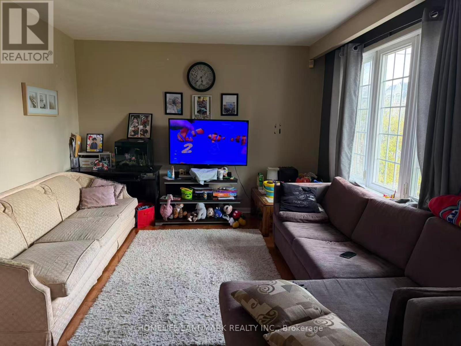 A living room with a large couch, a television, and a rug.