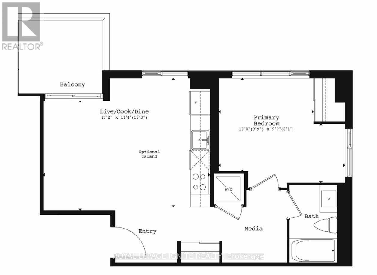 A black and white floor plan of a house with a balcony, a primary bedroom, and an optional island.