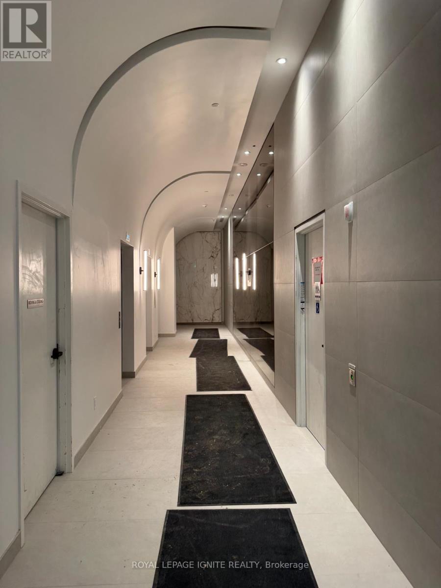 A hallway with a black and white runner on the floor.