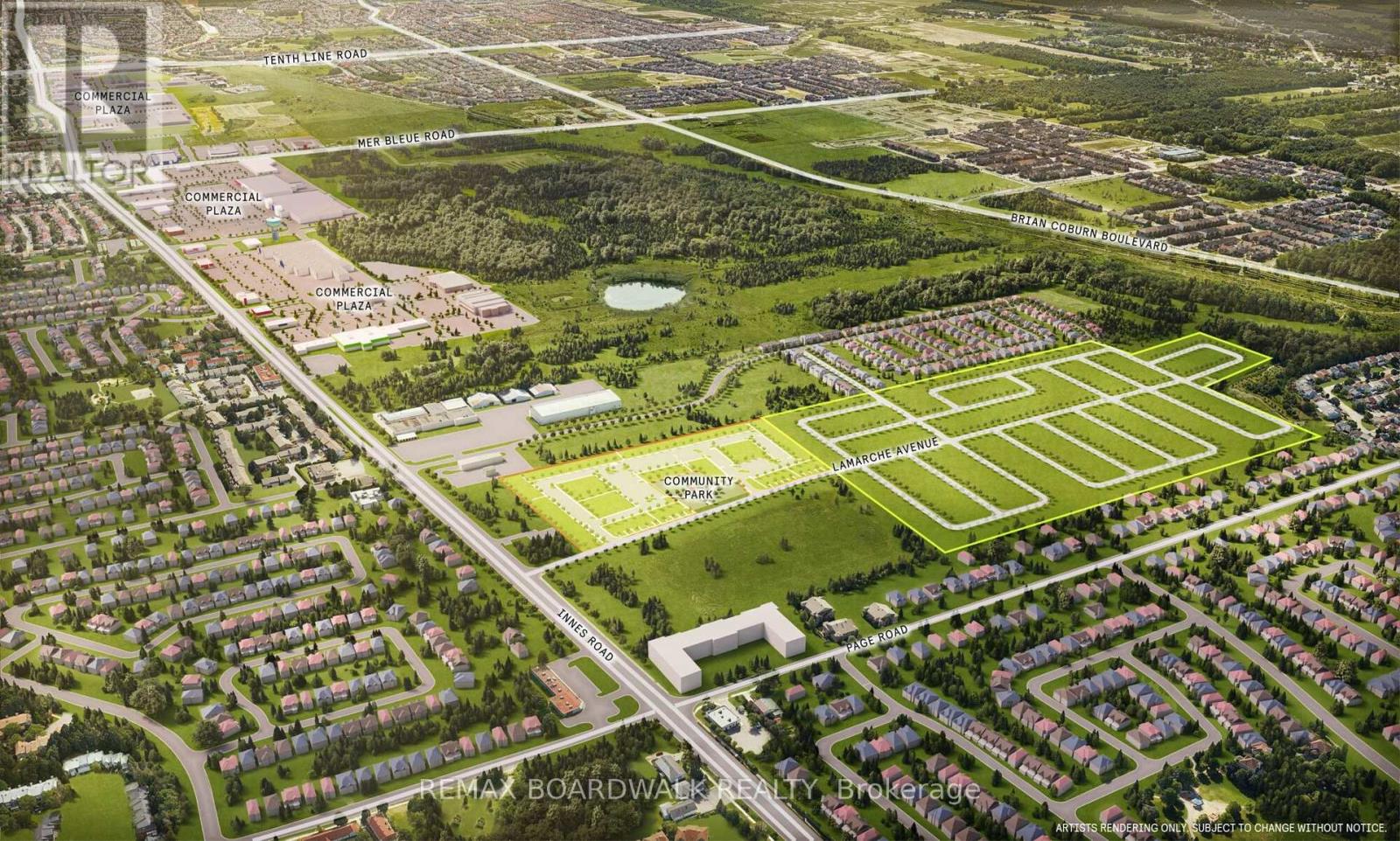 A bird's eye view of a residential area with a large green space in the middle.