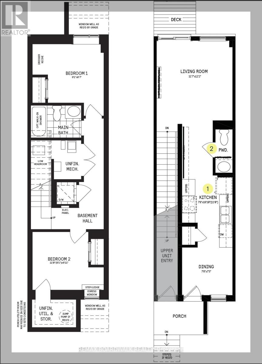 A floor plan of a house with two bedrooms, a living room, a basement hall, and a porch.