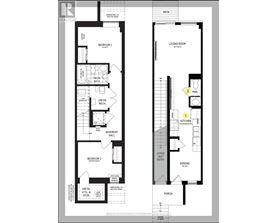 A floor plan of a house with two bedrooms, a living room, a basement hall, and a porch.