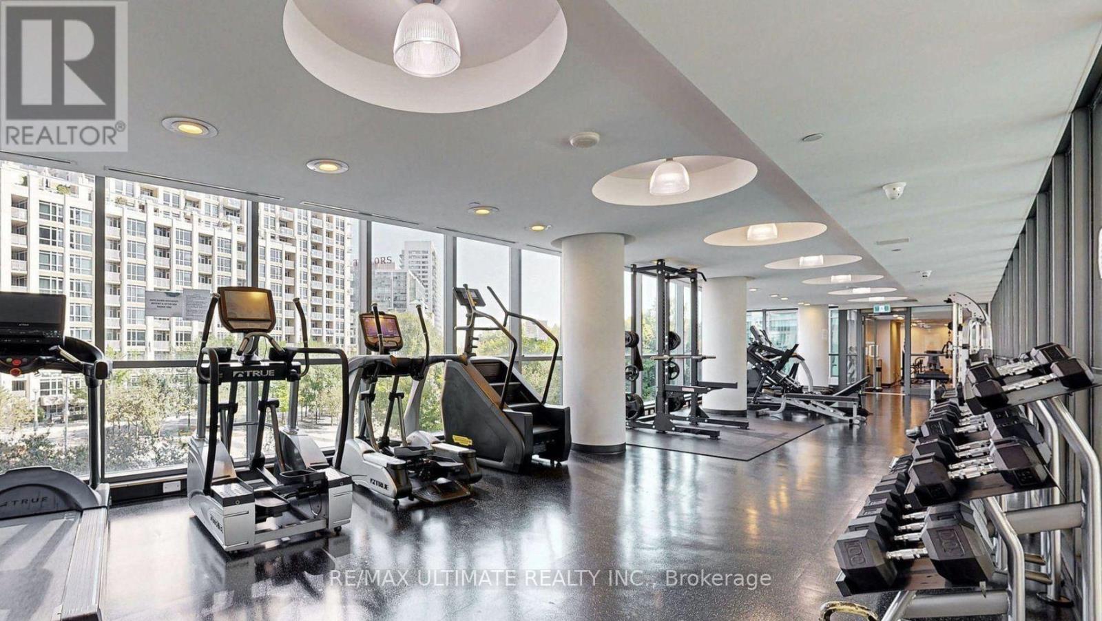 A gym with treadmills, weights and exercise machines.