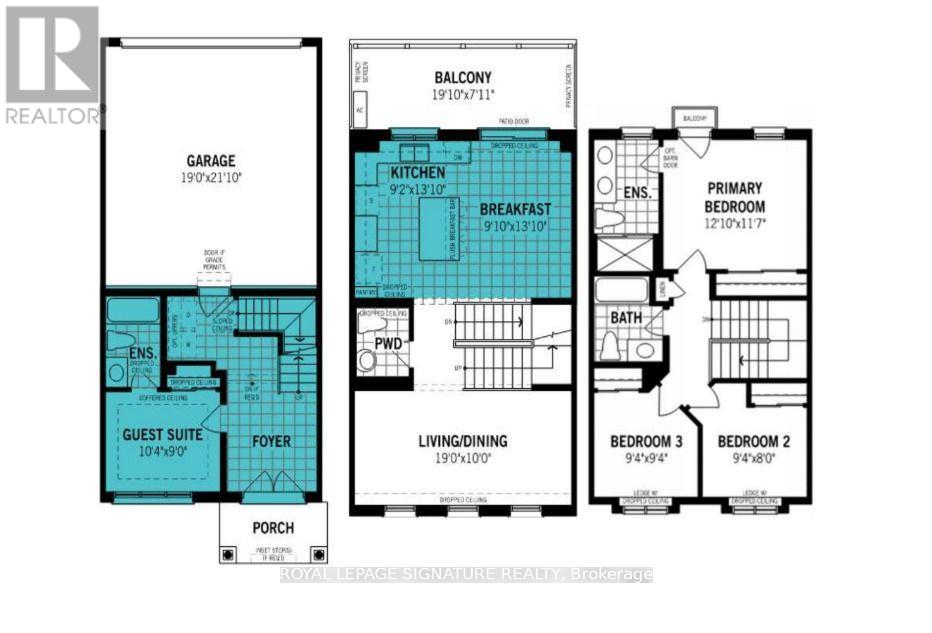 A floor plan for a home with a garage, breakfast nook, and three bedrooms.