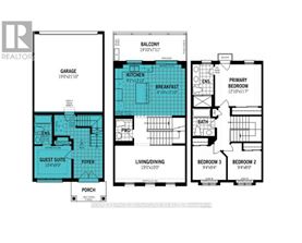 A floor plan for a home with a garage, breakfast nook, and three bedrooms.