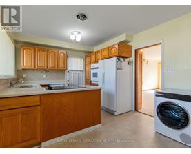 A kitchen with wooden cabinets and a white refrigerator.