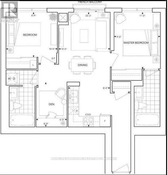A floor plan of a house with a master bedroom, two bathrooms, a den, and a dining area.