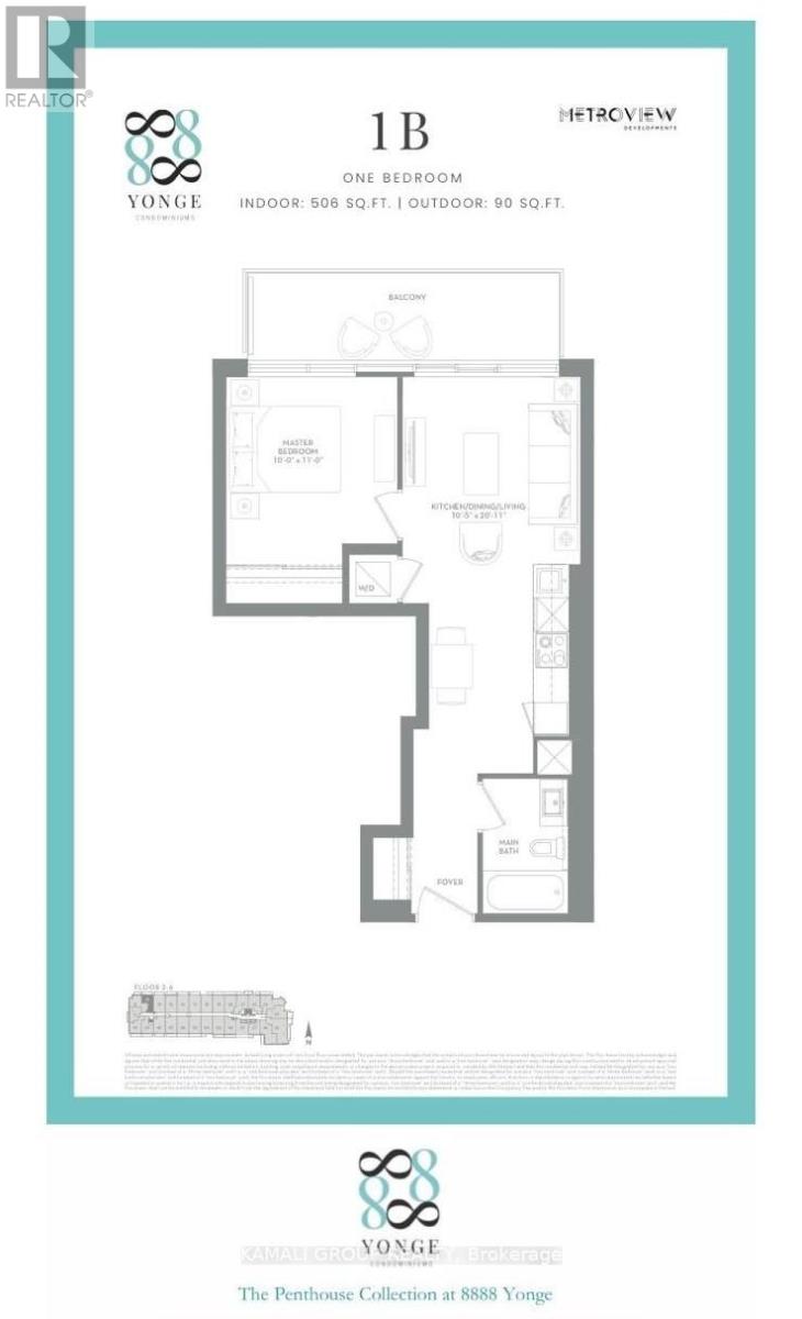 A floor plan for a one bedroom apartment at 8888 Yonge.
