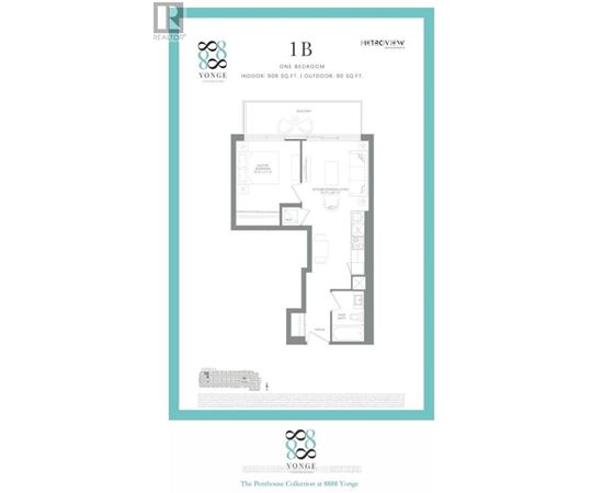 A floor plan for a one bedroom apartment at 8888 Yonge.