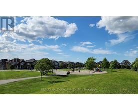 A park with a playground and houses in the background.