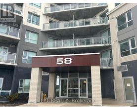 The entrance to apartment building number 58 with a sign for LPT Realty, Brokerage.