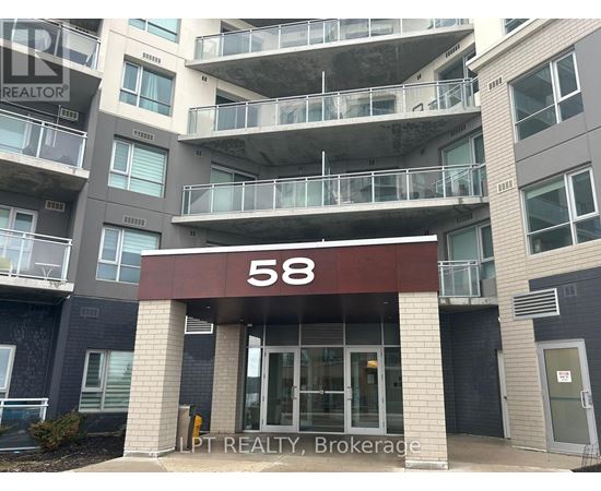 The entrance to apartment building number 58 with a sign for LPT Realty, Brokerage.
