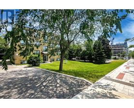 A sunny day at a residential area with a building, trees, and a paved walkway.
