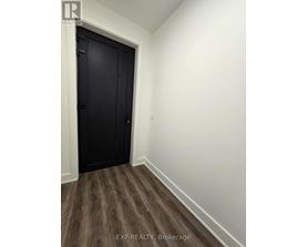 A black door is in a white room with wood flooring.