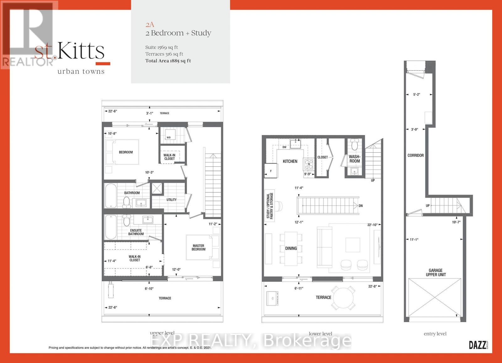 A real estate advertisement for a 2 Bedroom + Study apartment in St. Kitts, showing floor plans and details.