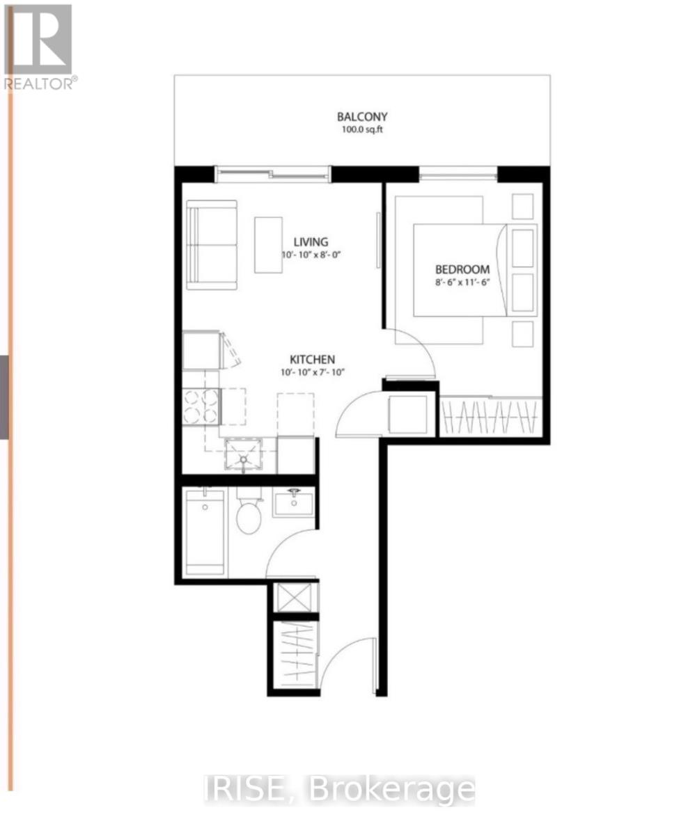 A floor plan for a Balcony apartment with a living room, kitchen, and bedroom.
