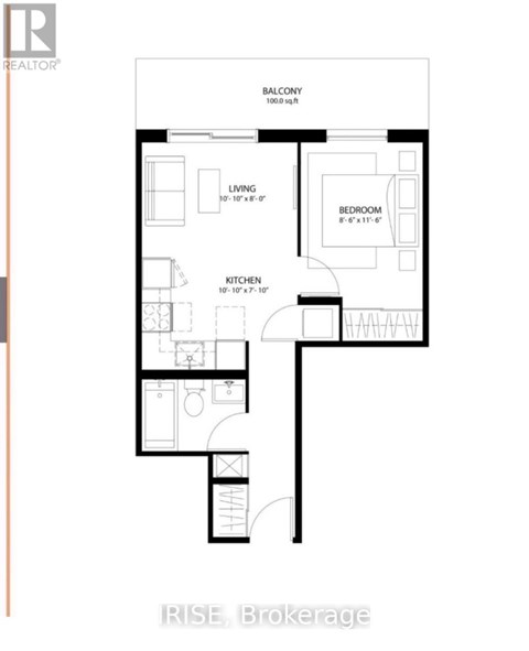 A floor plan for a Balcony apartment with a living room, kitchen, and bedroom.