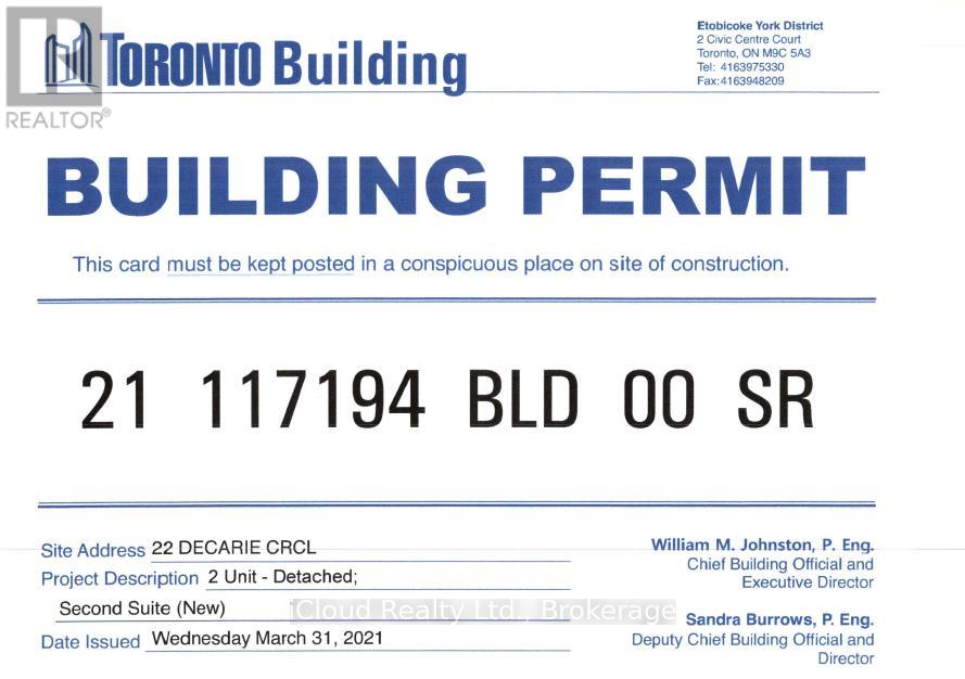 A Toronto Building Permit card for a new Second Suite at 22 Decarie CRL.