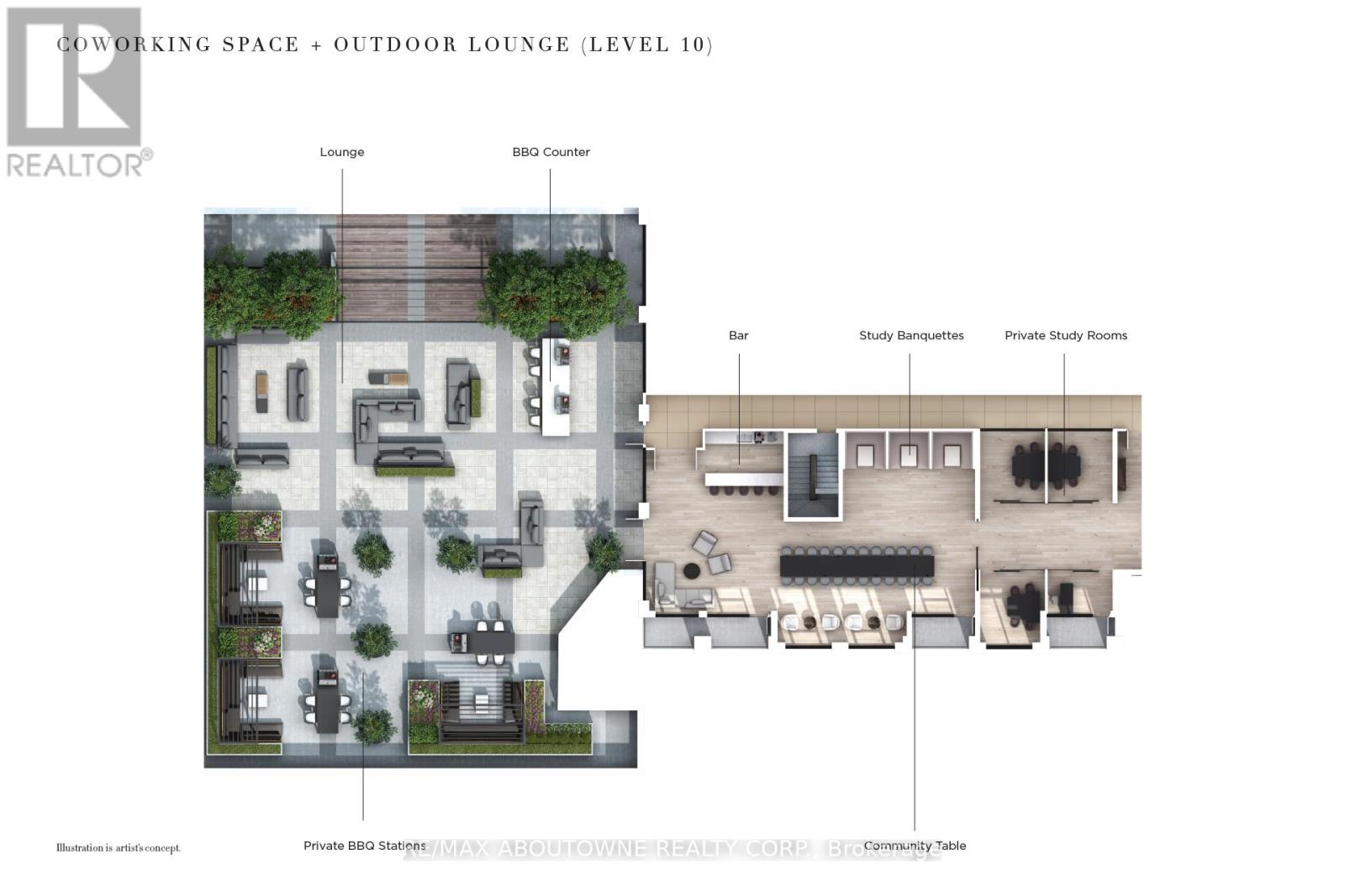 A floor plan of a property with a coworking space and outdoor lounge on level 10.