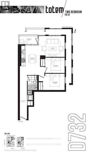 A black and white image of a two bedroom apartment floor plan.