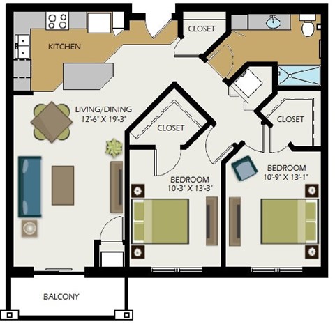 A floor plan of a house with a living room, dining room, kitchen, two bedrooms, and a balcony.