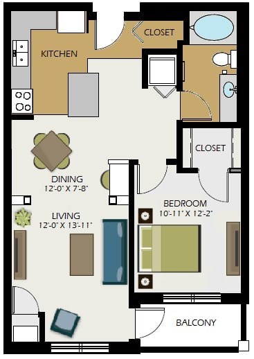 A floor plan of a home with a kitchen, dining room, living room, bedroom, and balcony.