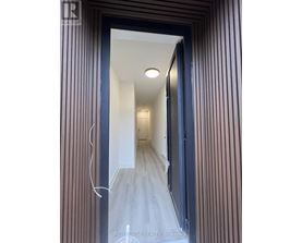 A hallway with a light on the ceiling and a door on the right.