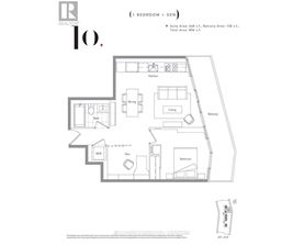 A floor plan of a one bedroom apartment with den.