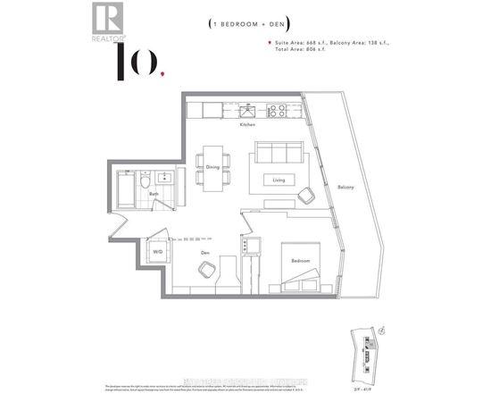 A floor plan of a one bedroom apartment with den.
