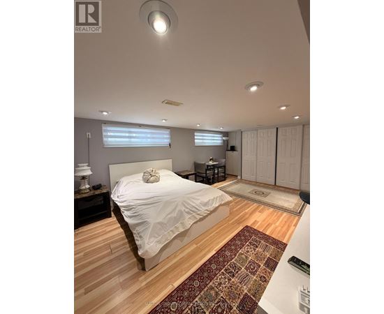 A bedroom with a large bed and a rug on the floor.