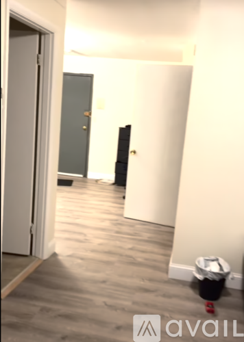 A hallway with a black door and a white door.